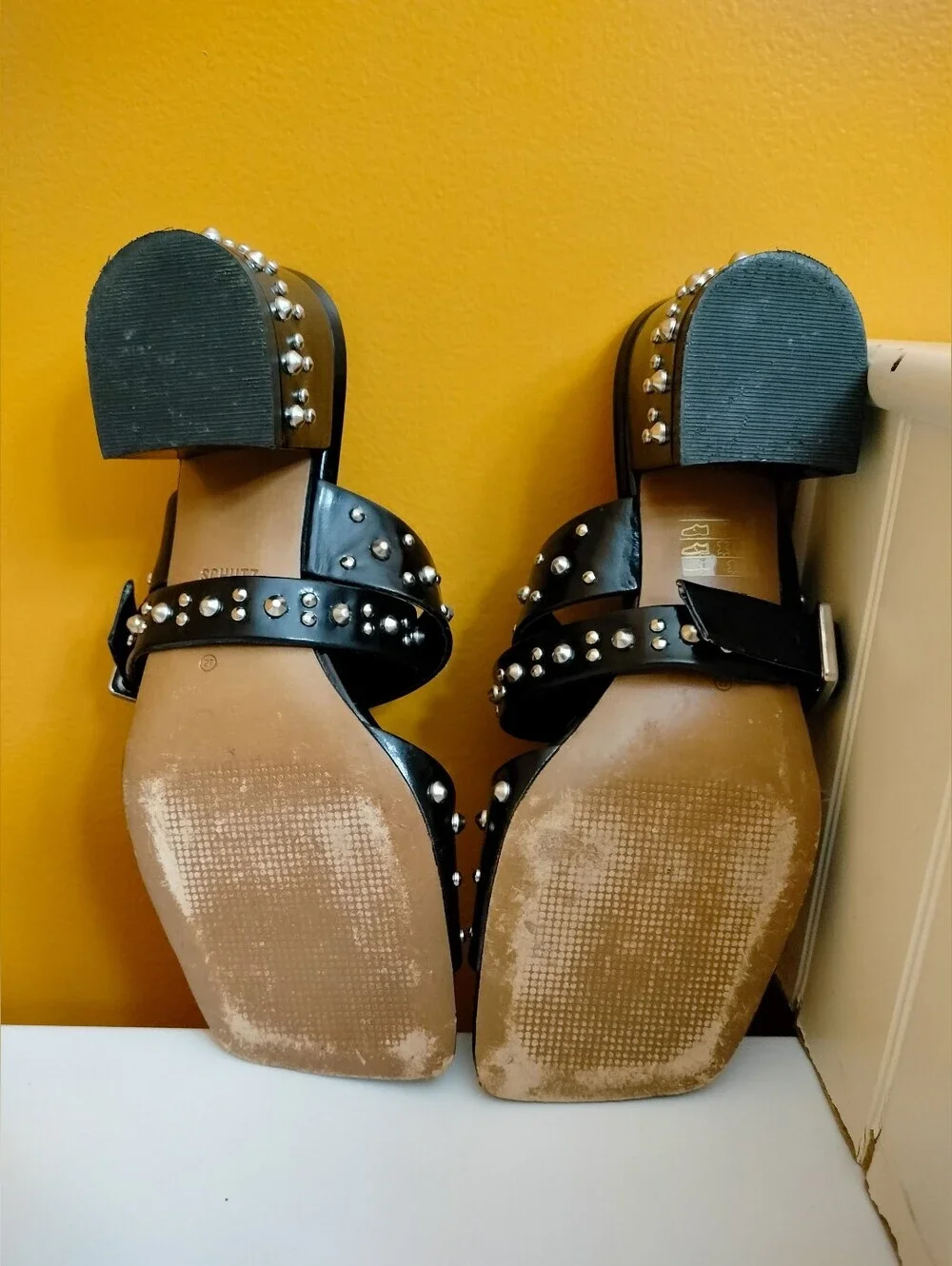 Schutz Studded Leather Heeled Sandals Black Size 6.5 Edgy Minimalist